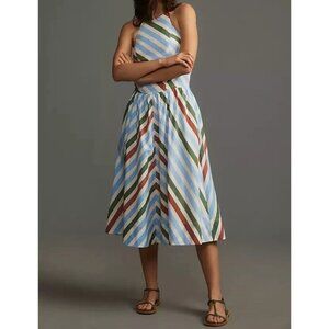 Maeve Halter Striped Cotton Midi Sundress M
